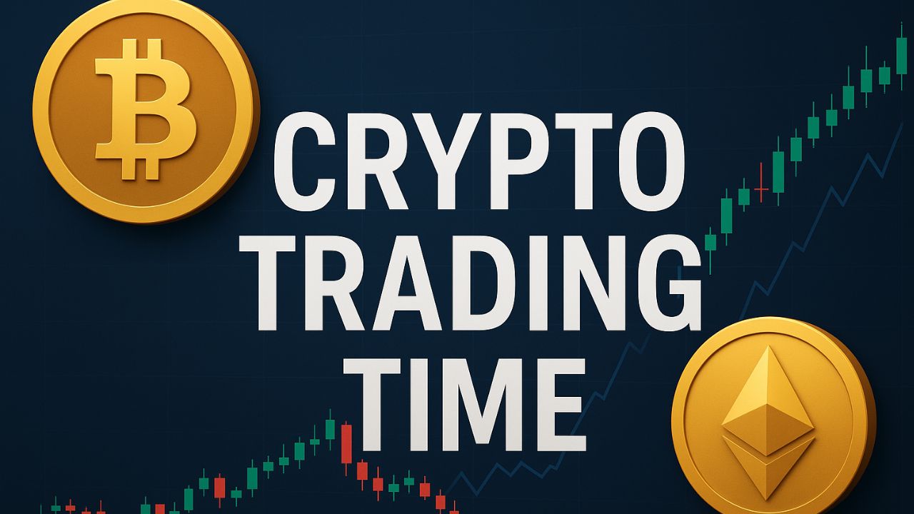 Crypto Trading Time banner with Bitcoin, Ethereum symbols and candlestick chart in background